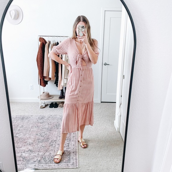 Faithfull the Brand Revolve Maple Pink Plaid Cut Out Midi Dress - Picture 4 of 15